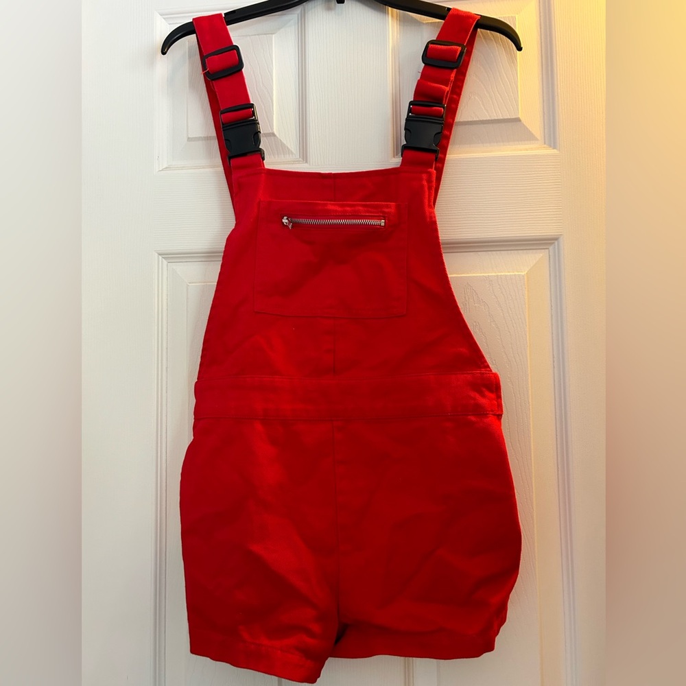 Be Ready for Gameday in these Red Denim Short Overalls Romper!